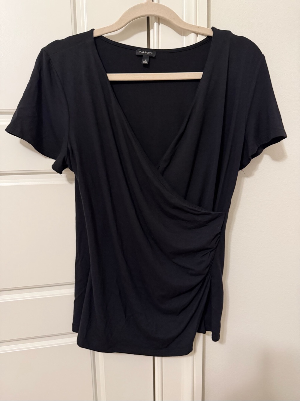 Talbots Black Short Sleeve Faux-Wrap Blouse